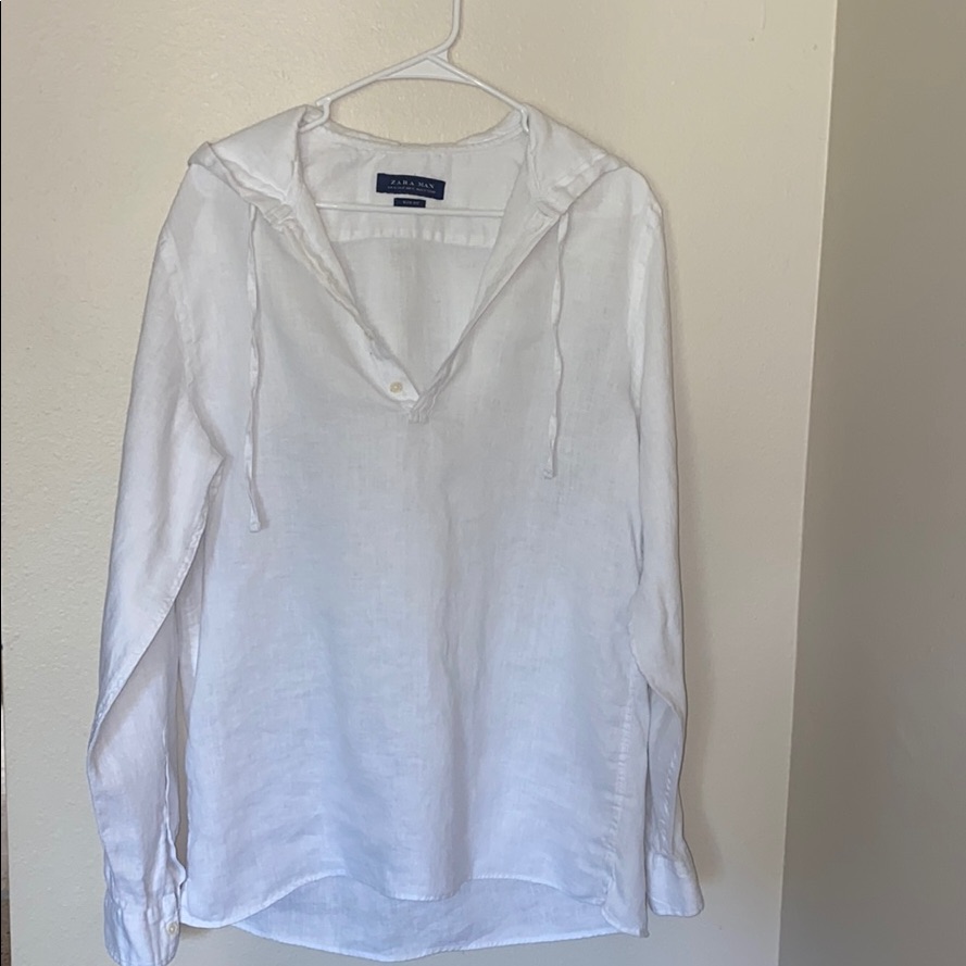 Zara Man White Cotton Shirt With Hoodie, M